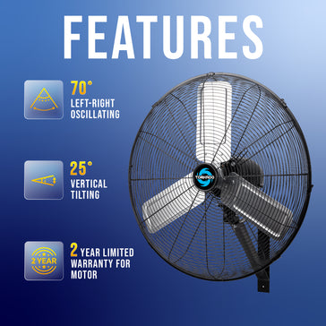 Tornado 24 Inch Pro Series High Velocity Oscillating Wall Mount Fan For Commercial, Industrial Use 3 Speed 7600 CFM 6.6 FT Cord UL Safety Listed