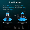 Hexago Automatic Swimming Pool Cover Pump, 1/2HP Submersible Water Pump with Check Valve Adapter & 33FT Power Cord, 3200GPH Water Removal Cover Pump for Pool, Hot Tubs, Rooftops and Water Beds